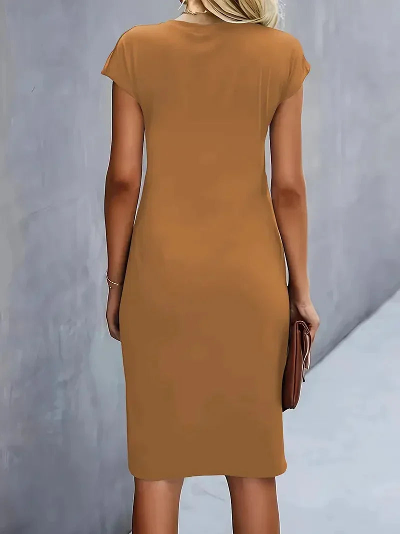 Professional women's midi dress, elegant design, round neck, sophisticated for office wear.