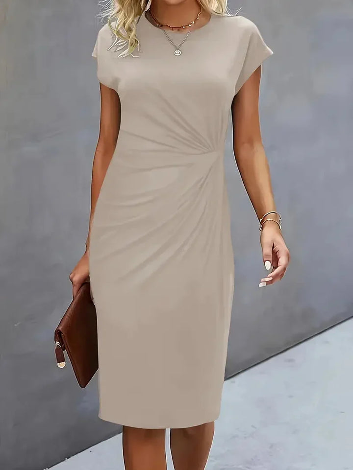 Burgundy elegant midi dress for women, flattering round neck, versatile for any formal occasion.