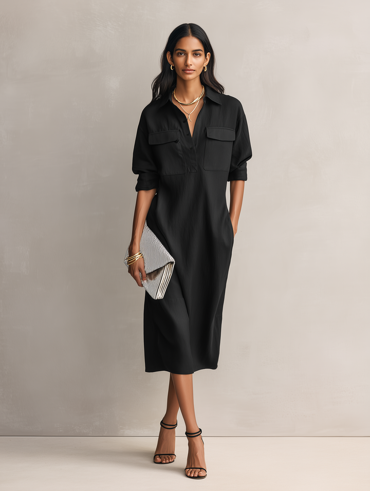 Chic women's black midi dress with a shirt collar, short sleeves, suitable for versatile elegant & casual summer wear.