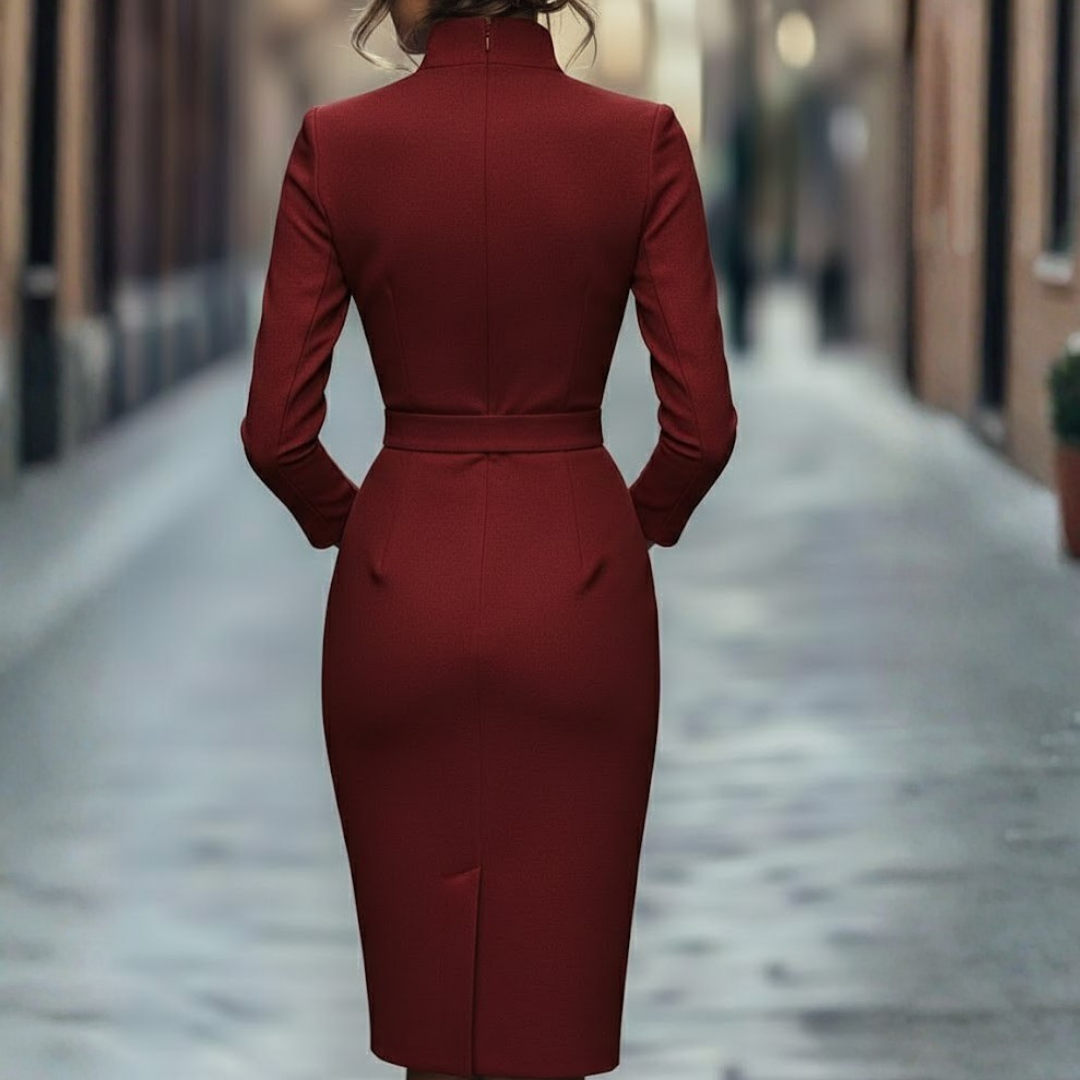 Classic women's black pencil dress, elegant mock wrap bodice & comfortable 3/4 sleeves. Perfect for the professional office.