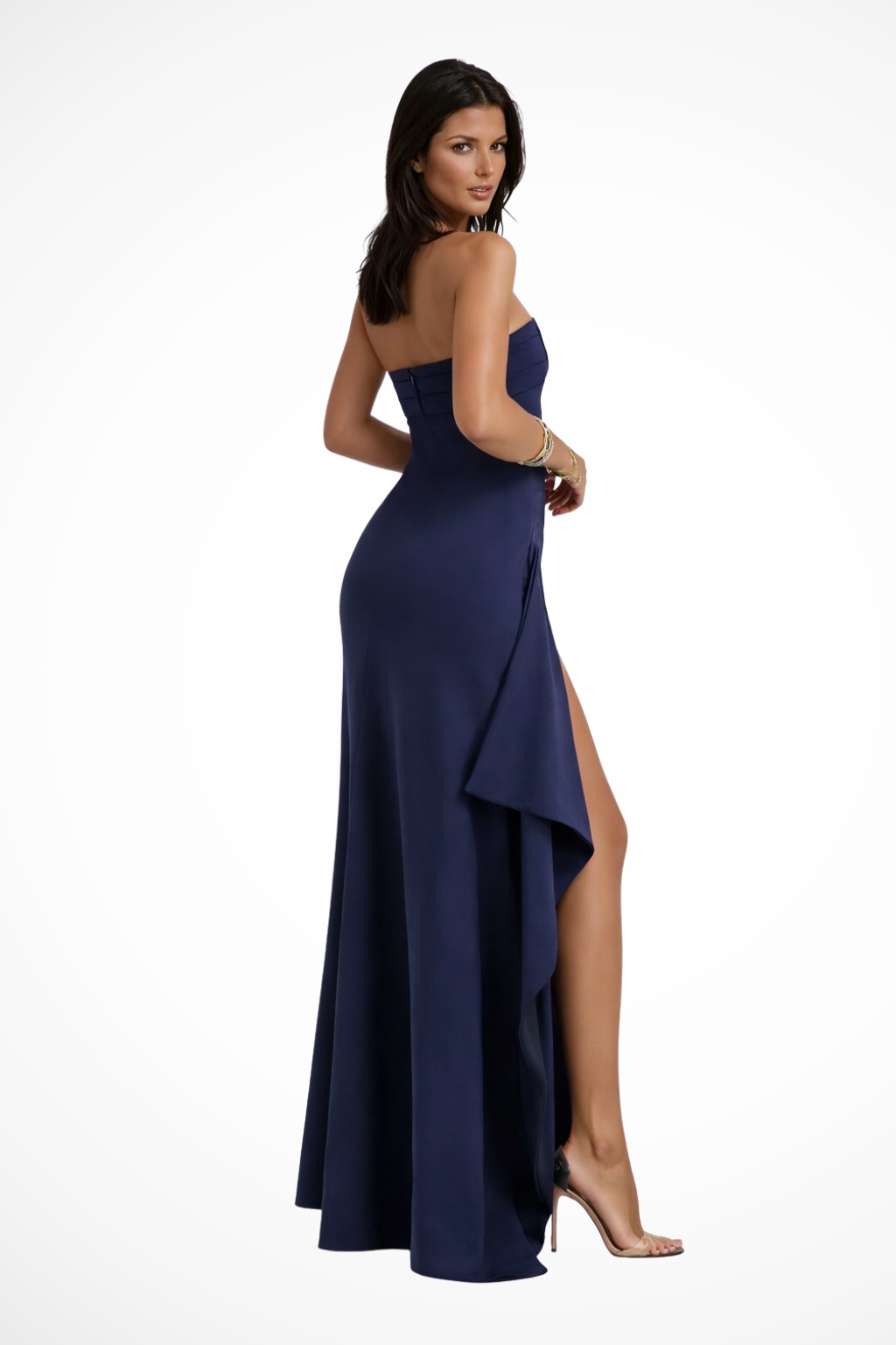 Elegant strapless high slit maxi dress for women. Sophisticated formal evening gown for special occasions.