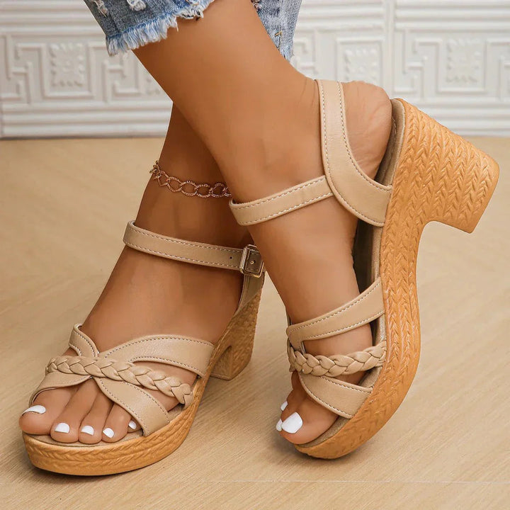 Chic women's block heel sandals, comfortable platform design & adjustable ankle strap for spring fashion.