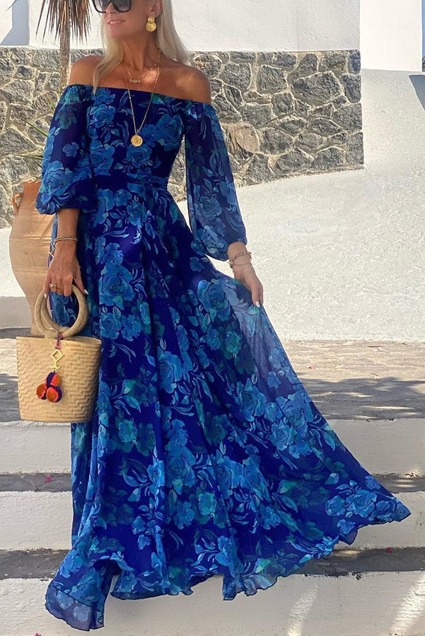 Women's elegant blue floral off-shoulder maxi dress, perfect for evening parties, summer events, or vacation.