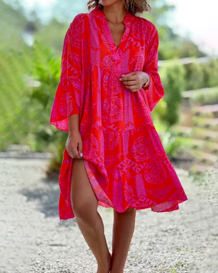 Red Bohemian Chic Midi Dress for women, elegant and flowy. Ideal summer vacation or party dress.