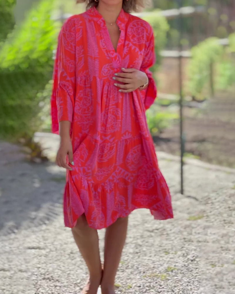 Green printed Boho Chic Midi Dress, women's elegant summer fashion. Casual yet chic for any occasion.