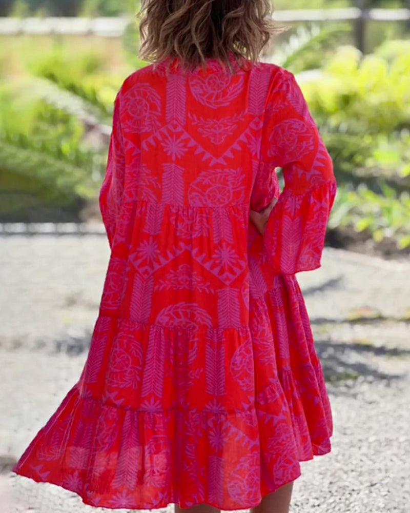 Flowy Boho Chic Midi Dress with elegant print, a women's summer essential. Great for parties & vacations.