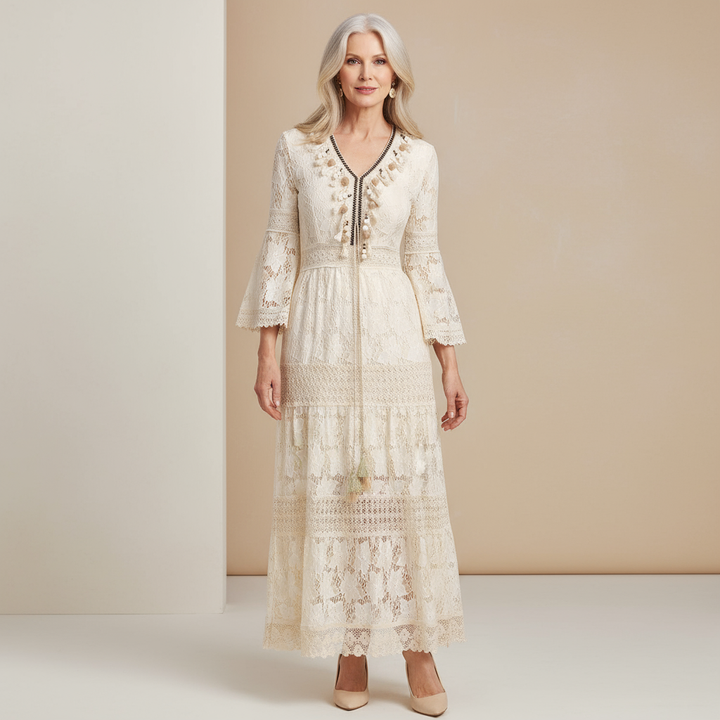 Women's elegant boho lace maxi dress, perfect for summer fashion & resort wear. Flowy silhouette, feminine apparel.