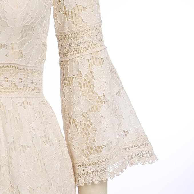 Woman wearing a flowy boho lace maxi dress on a beach, ideal for summer fashion, resort wear & elegant style.