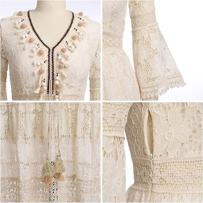 Back view of women's elegant boho lace maxi dress, showcasing its flowy silhouette & graceful summer fashion.