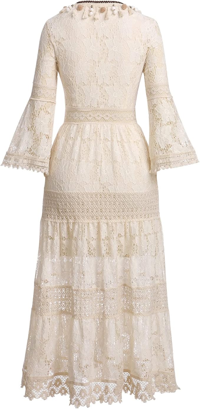 Stylish women's boho lace maxi dress paired with sandals, a chic choice for elegant summer fashion & resort wear.