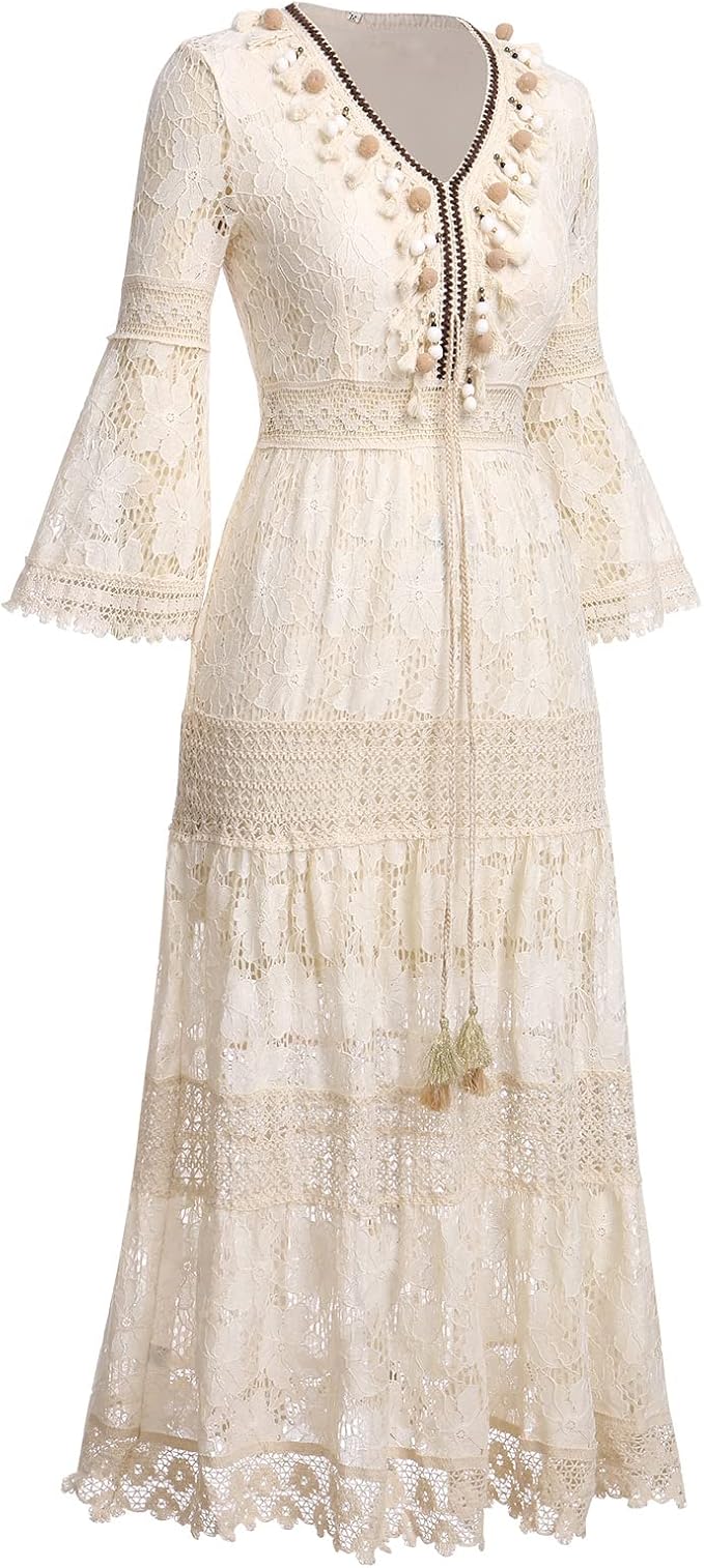 Full-length shot of a women's elegant boho lace maxi dress, featuring a flowy silhouette for summer beach fashion.