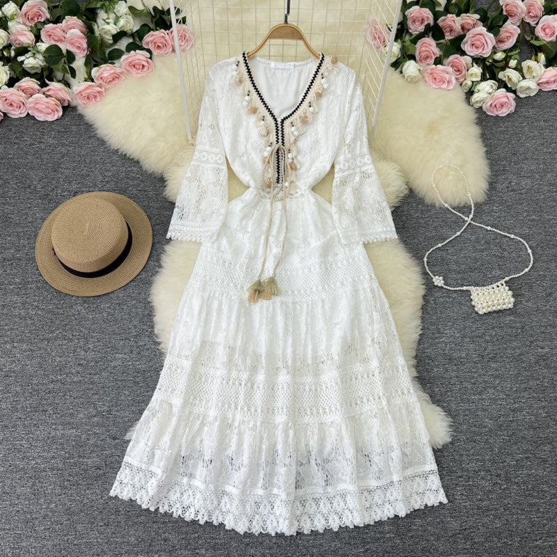 Graceful women's boho lace maxi dress for elegant style, perfect as a beach dress or feminine summer apparel.