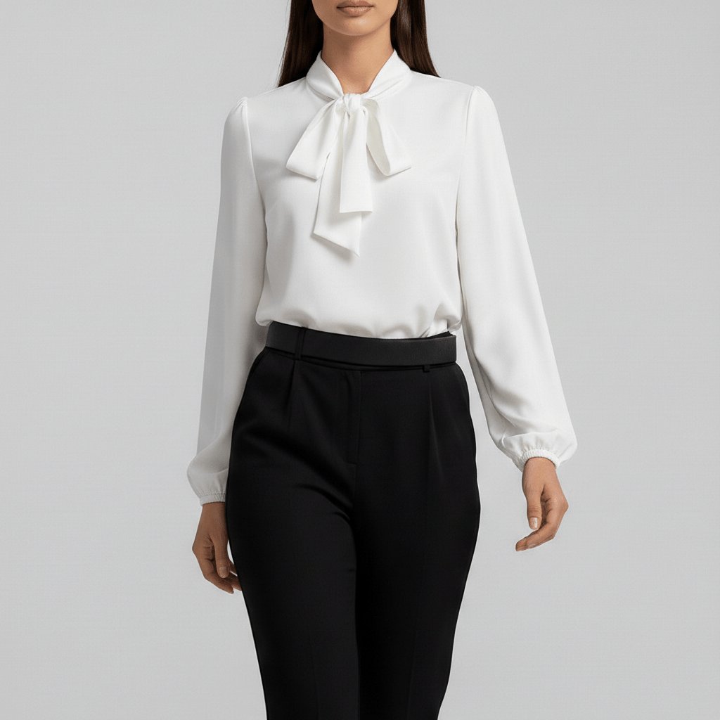 Versatile women's long sleeve blouse with a bow tie neck and elegant puff sleeves.