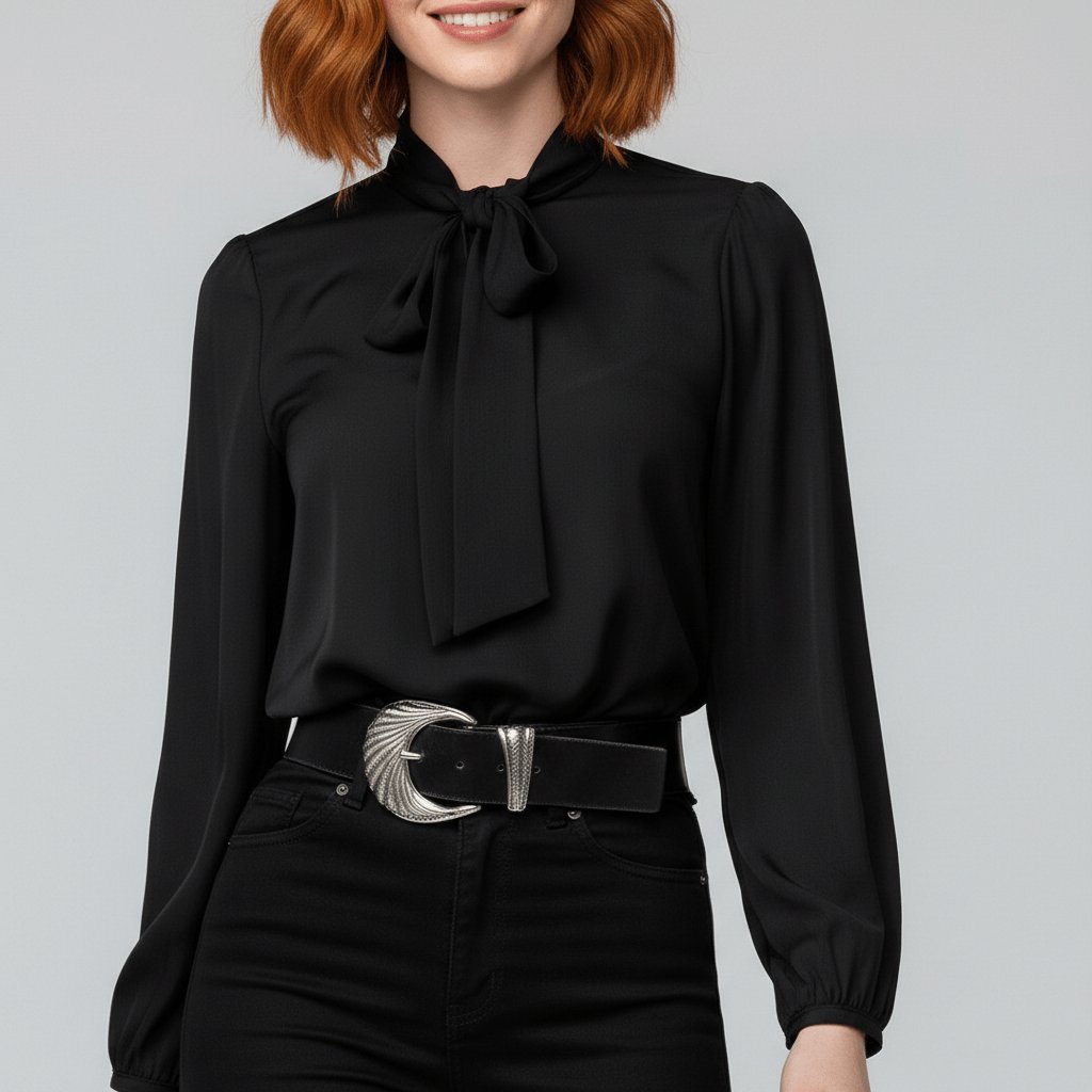 Formal women's top: puff sleeve blouse with a sophisticated bow tie neck. Ideal for office.