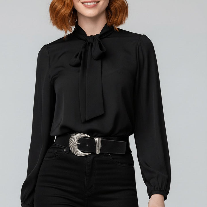 Formal women's top: puff sleeve blouse with a sophisticated bow tie neck. Ideal for office.