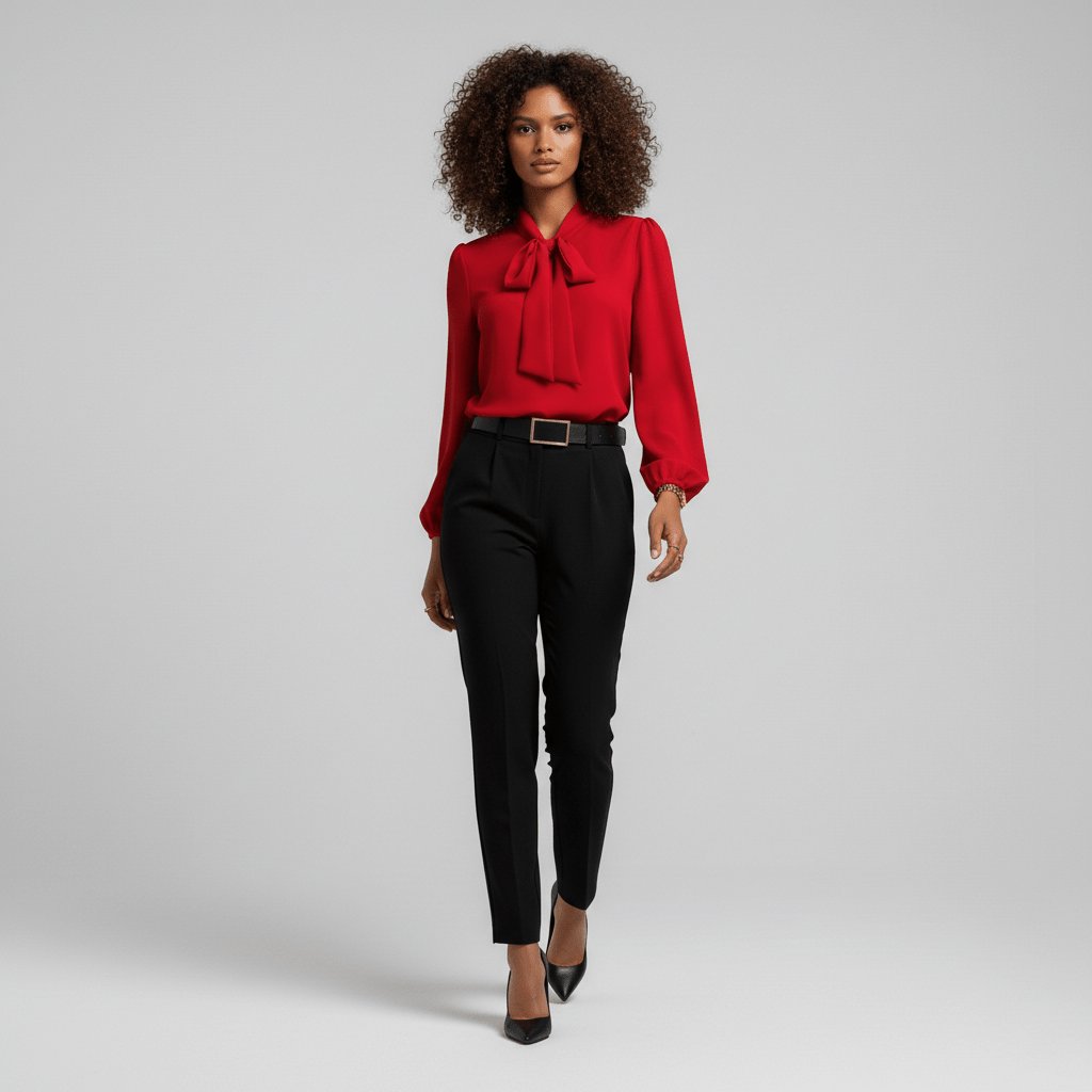 Casual chic women's puff sleeve blouse with a stylish bow tie neck, great for dinner.