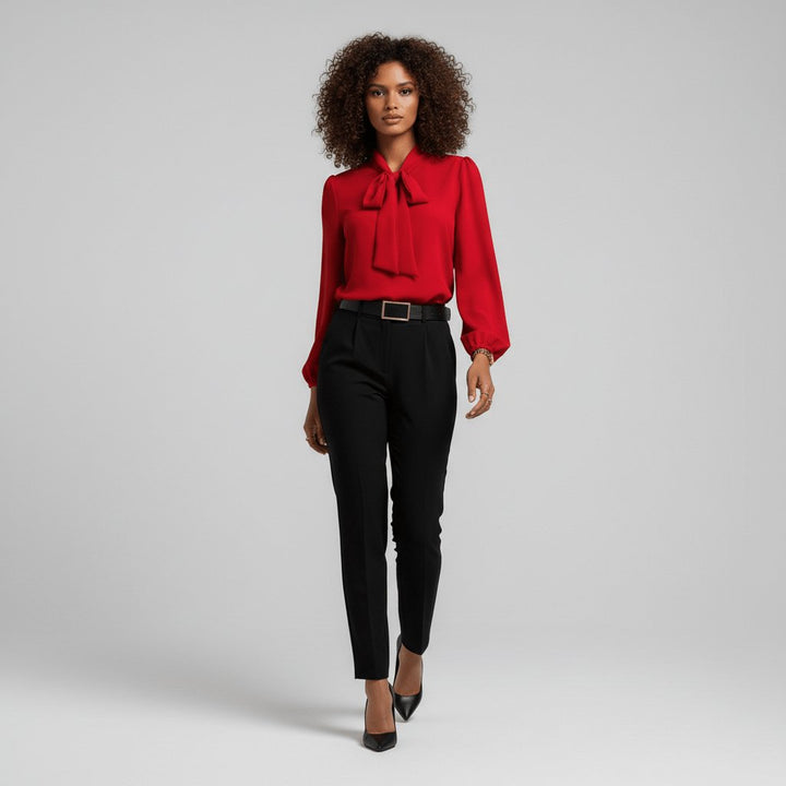 Casual chic women's puff sleeve blouse with a stylish bow tie neck, great for dinner.