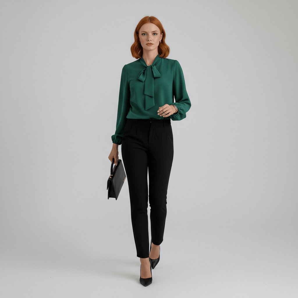 Sophisticated women's puff sleeve top with a delicate bow tie neck, suitable for any occasion.