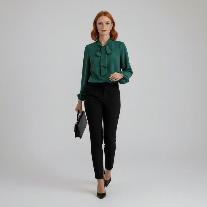 Sophisticated women's puff sleeve top with a delicate bow tie neck, suitable for any occasion.