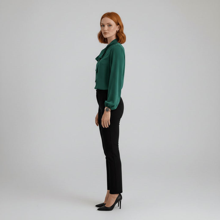 Women's versatile long sleeve blouse, featuring a classic bow tie neck and stylish puff sleeves.