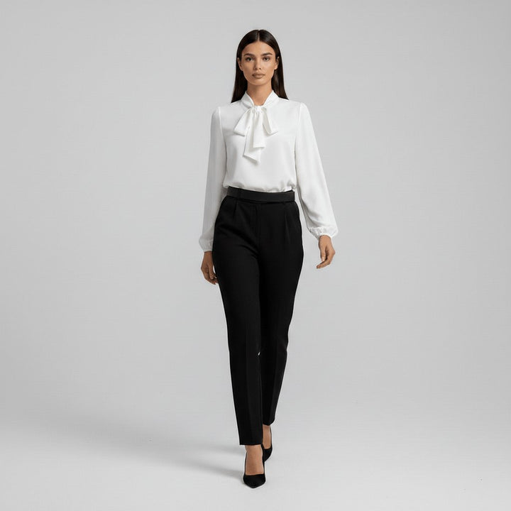 Fashionable women's bow tie blouse with elegant puff sleeves, perfect for office or dinner.