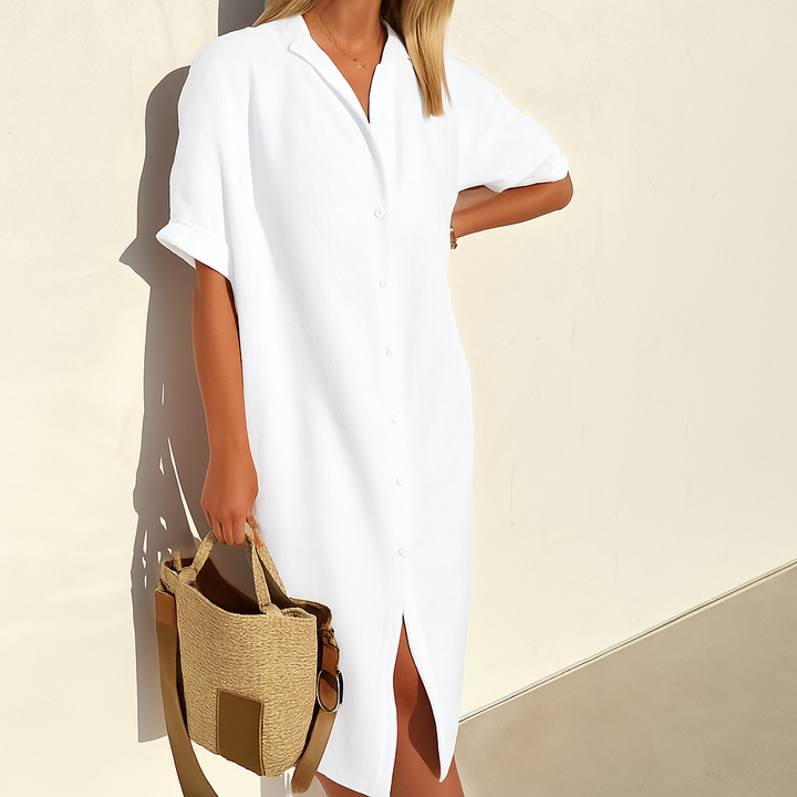 Women's elegant button-down midi shirt dress, perfect for versatile casual or workwear spring/summer fashion.