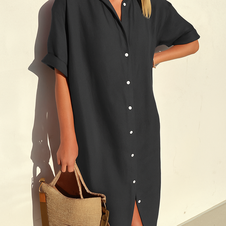 Chic women's collared button-down midi dress, ideal for sophisticated spring workwear or elegant day dress style.