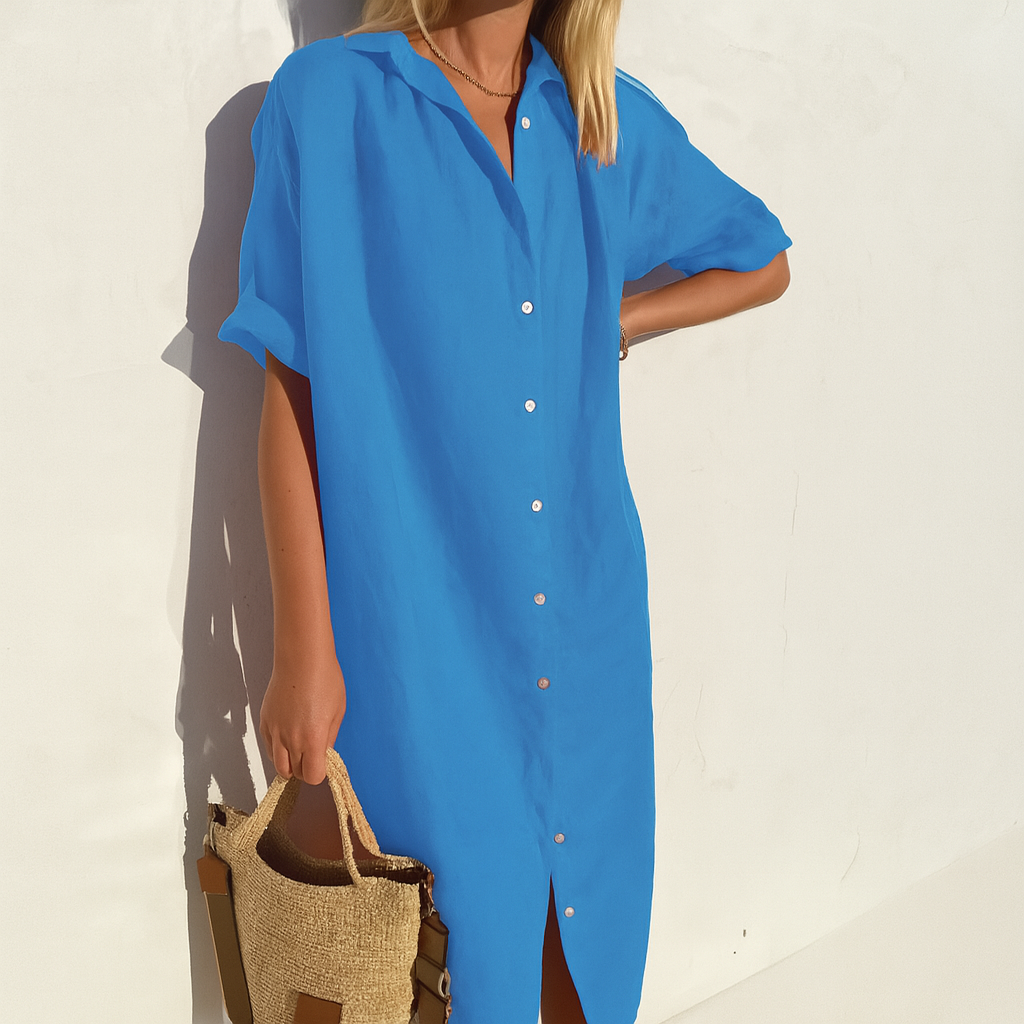 Versatile women's casual button-down midi shirt dress, comfortable for everyday wear, summer & spring styles.