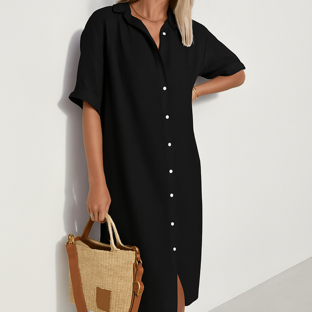 Modern women's button-down midi shirt dress, chic and versatile, suitable for casual outings or spring office wear.