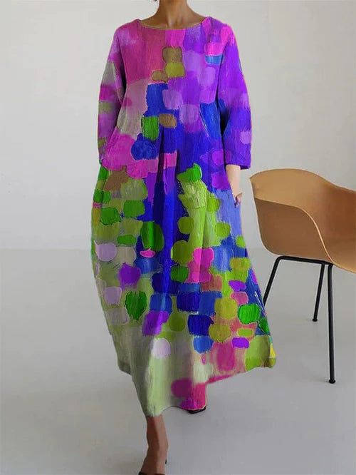 Women's elegant color block maxi dress. Casual long sleeve flowy design, perfect for summer fashion.