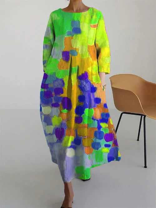 Vibrant color block maxi dress for women. Comfortable, versatile long sleeve design, a chic summer statement.