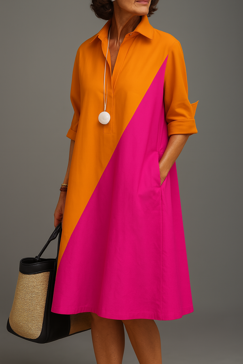 Women's elegant colorblock A-line shirt dress, perfect for smart casual daytime wear & summer brunch. Modern vibrant design.