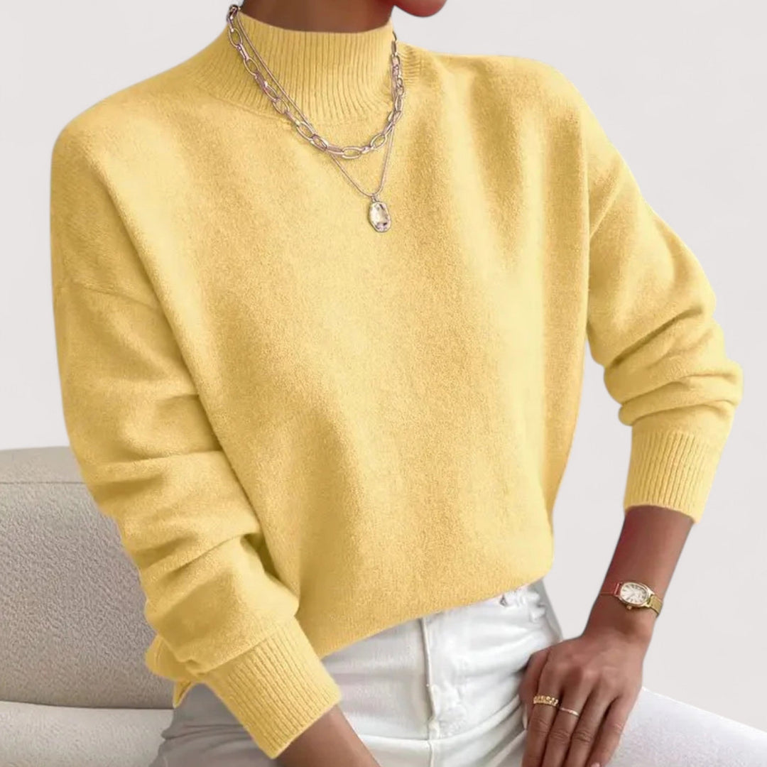 Comfortable & warm women's turtleneck sweater, a cozy winter fashion top for cold days.