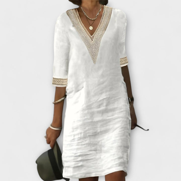 Women's elegant crochet openwork midi dress with flowy, relaxed fit. Perfect for summer & spring.