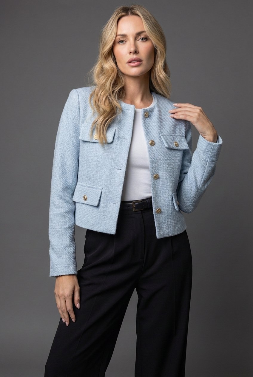 Women's elegant cropped collarless blazer with chic gold buttons, perfect for office or smart casual styling.