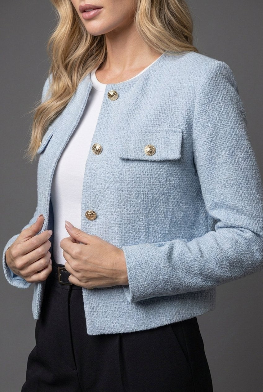 Women's elegant cropped collarless blazer with gold buttons. A stylish office jacket & versatile outerwear for spring.