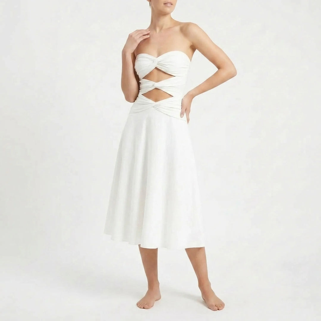 Women's summer fashion: elegant cutout monokini & comfortable resort skirt set.