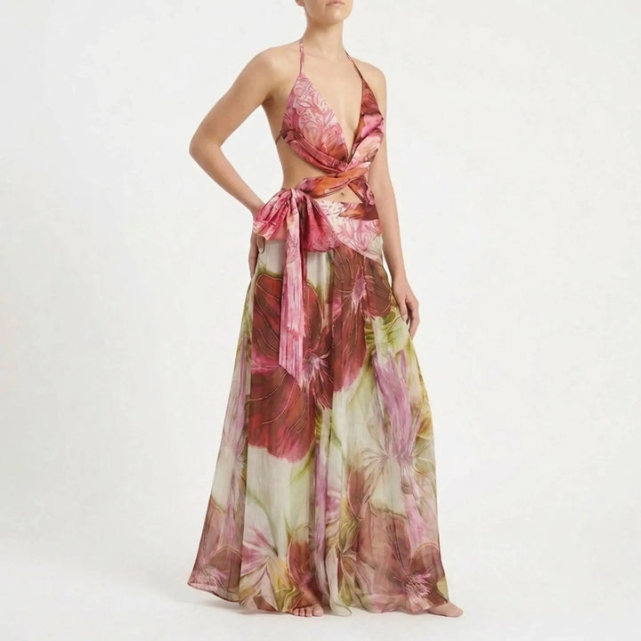 Summer-ready women's elegant cutout swimwear & flowy resort skirt. Complete beach set.
