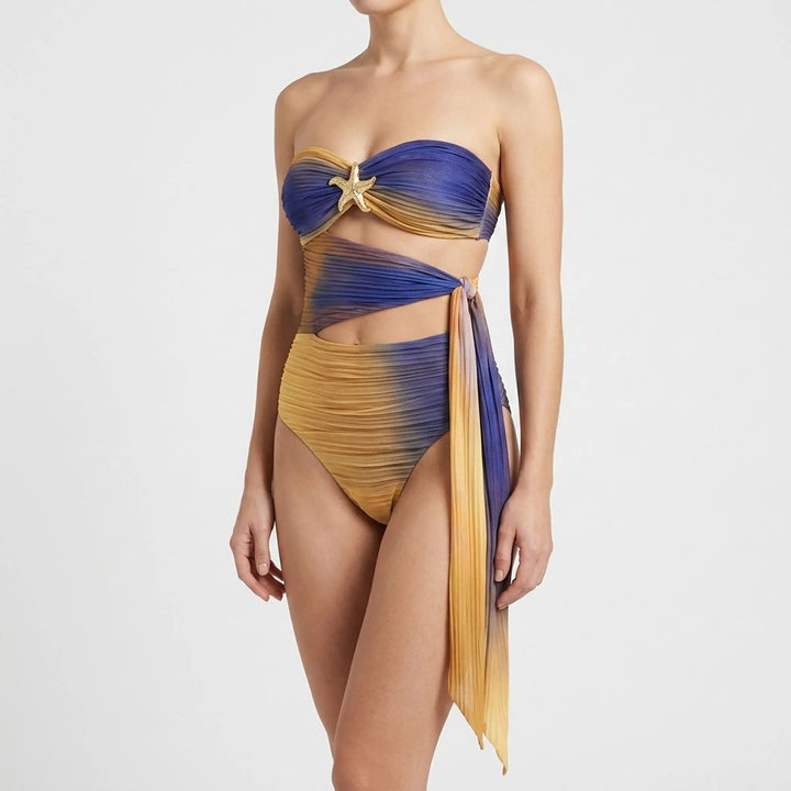 Chic women's swimwear set: cutout monokini & a comfortable resort skirt. Beach fashion.