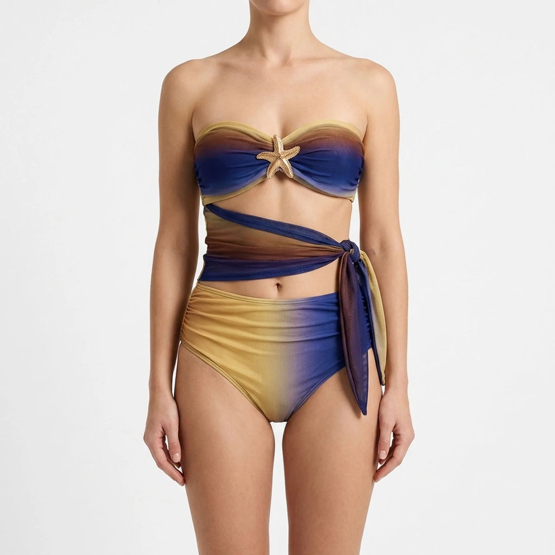 Stylish women's cutout one-piece swimsuit with a matching sheer resort skirt. Vacation ready.
