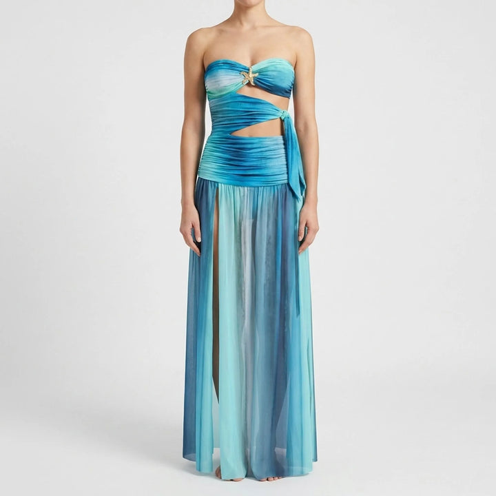Chic women's cutout monokini and matching resort skirt for elegant poolside fashion.