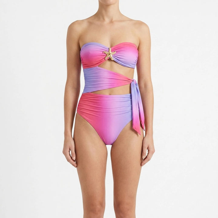 Elegant women's one-piece cutout swimsuit with a breezy resort skirt. Stylish beach set.
