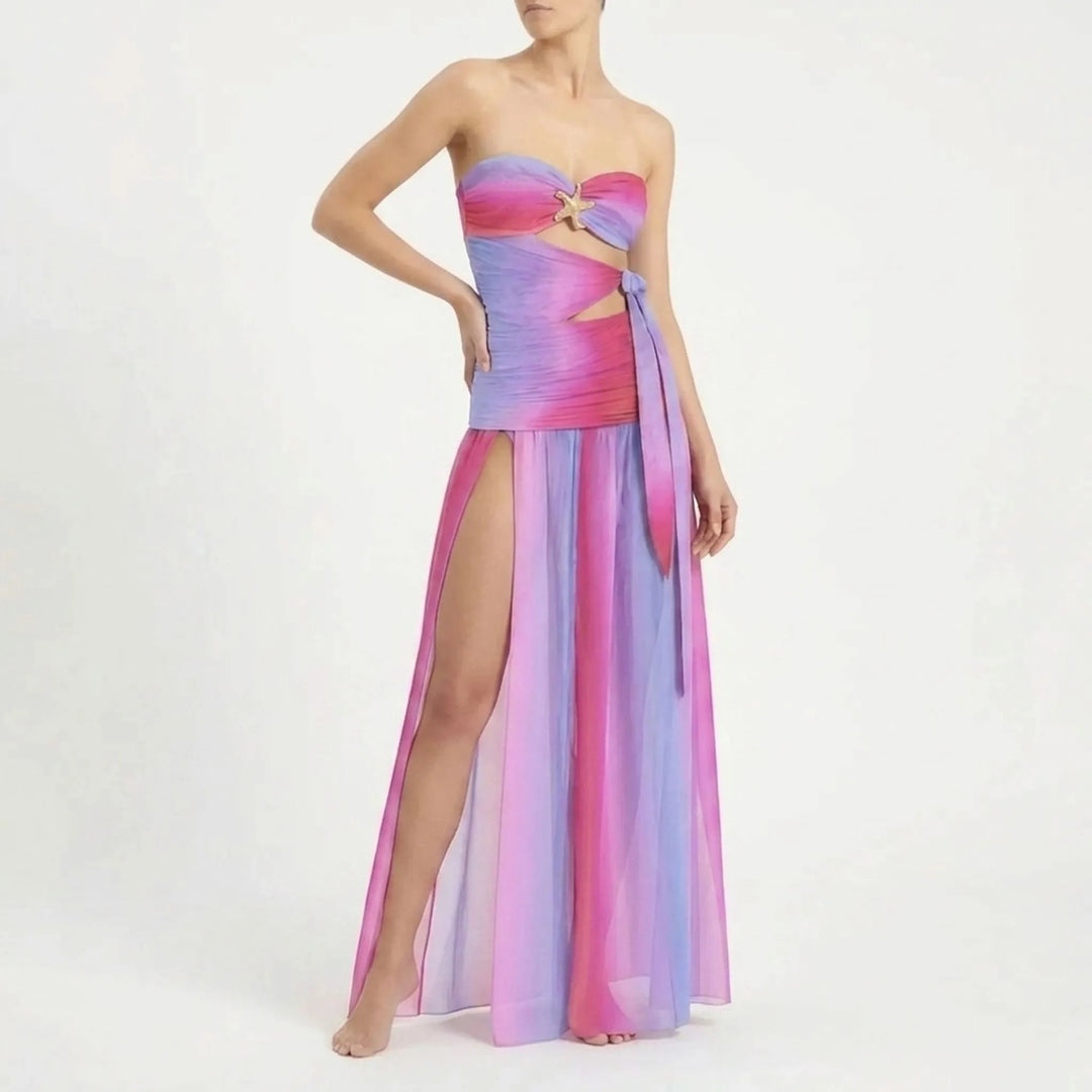 Stylish women's cutout swimwear set with a long resort skirt for beach vacations.