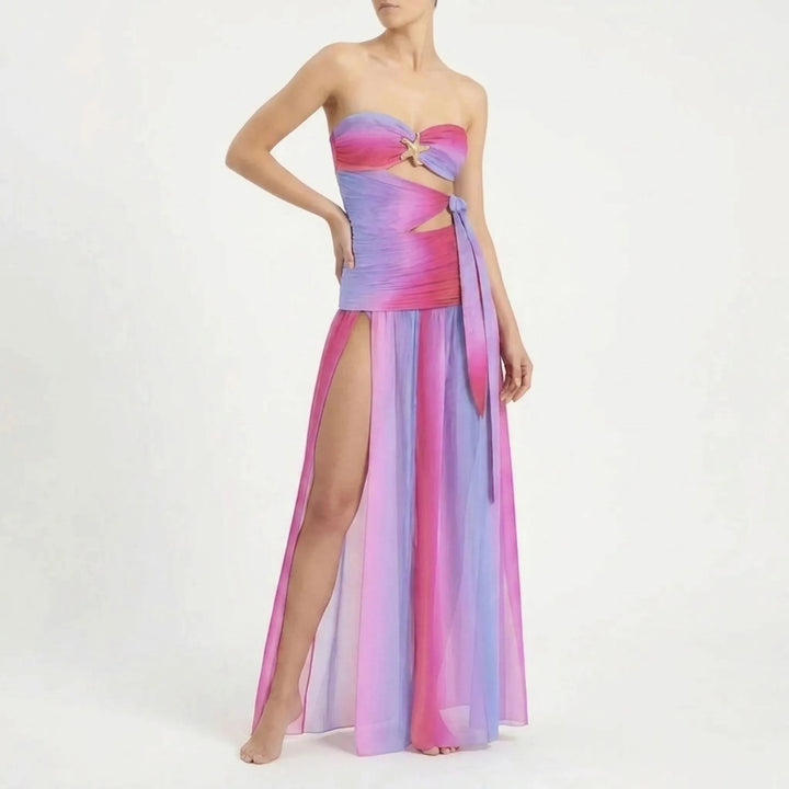 Stylish women's cutout swimwear set with a long resort skirt for beach vacations.