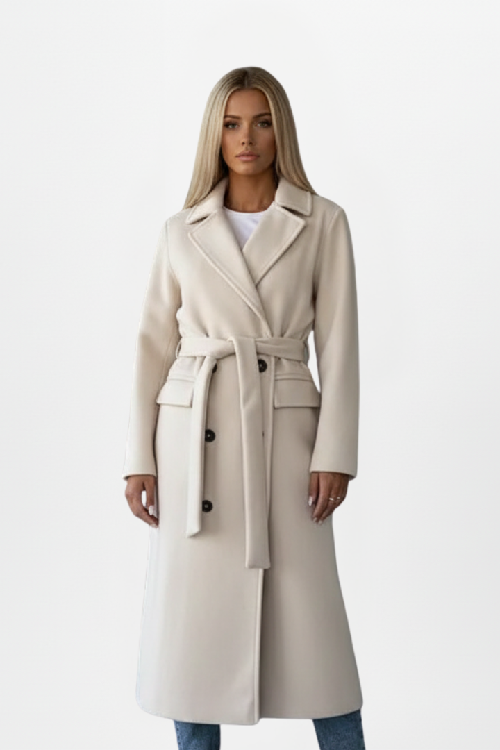 Women's elegant double-breasted long coat with stylish belt, perfect for classic workwear & fall fashion.