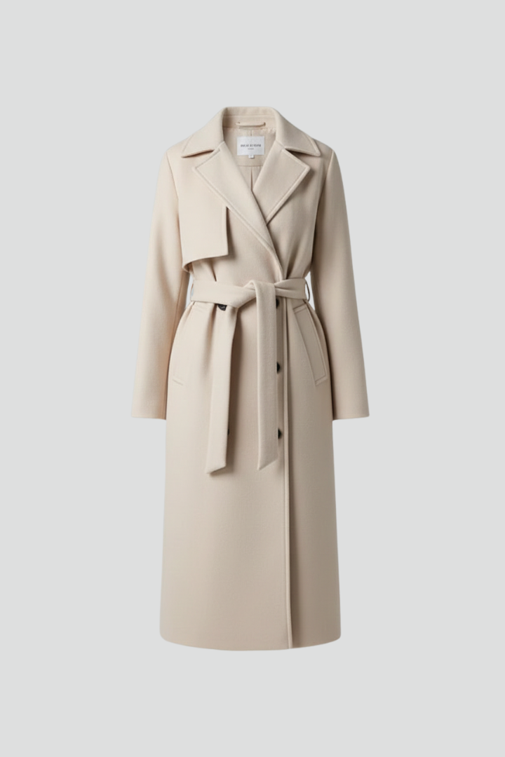 Tailored women's long coat, double-breasted design, chic belted waist, ideal for elegant winter outerwear.