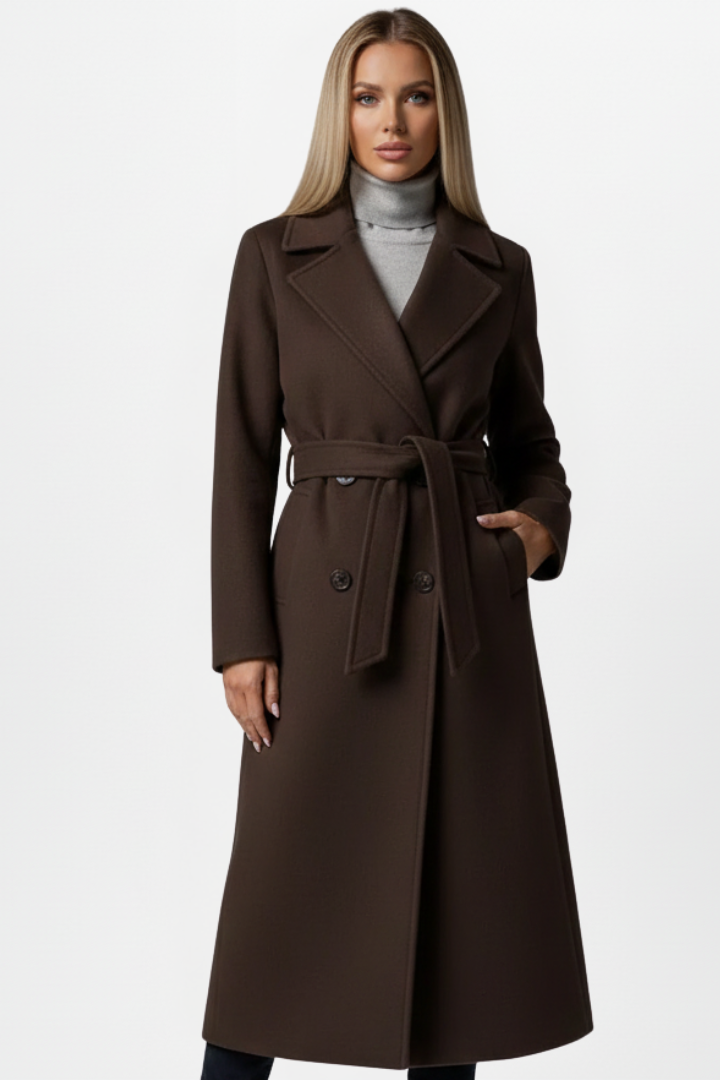 Sophisticated women's long double-breasted coat with belt, a stylish choice for fall and winter fashion.