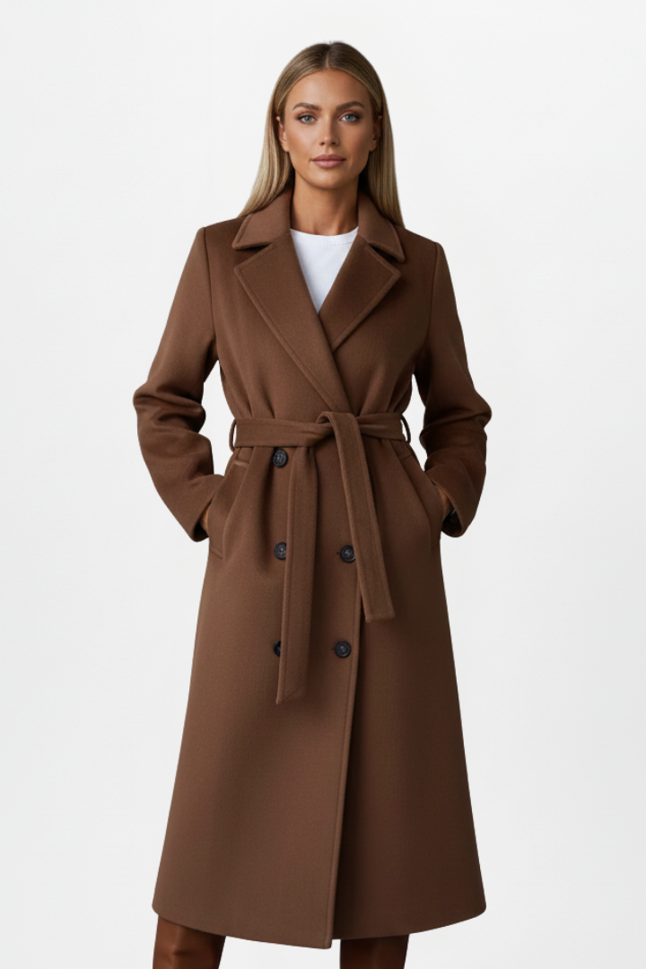 Women's tailored long double-breasted coat with adjustable belt for an elegant, classic winter look.