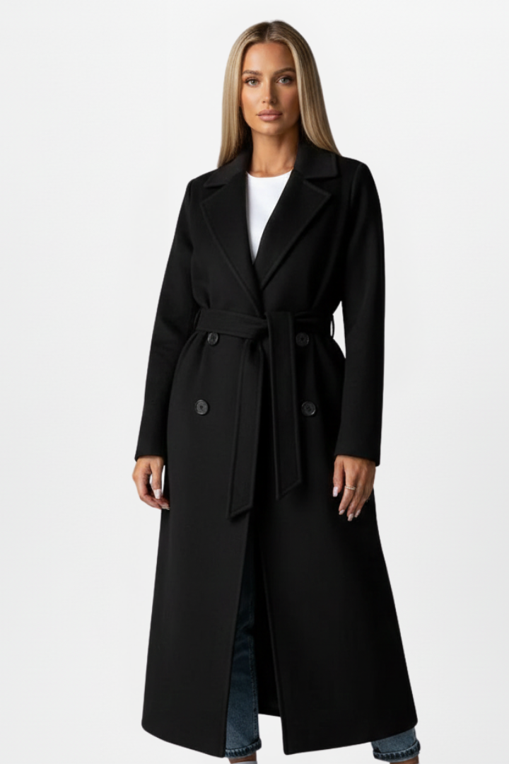 Elegant women's long double-breasted belted coat, versatile for work, casual, or formal fall/winter wear.
