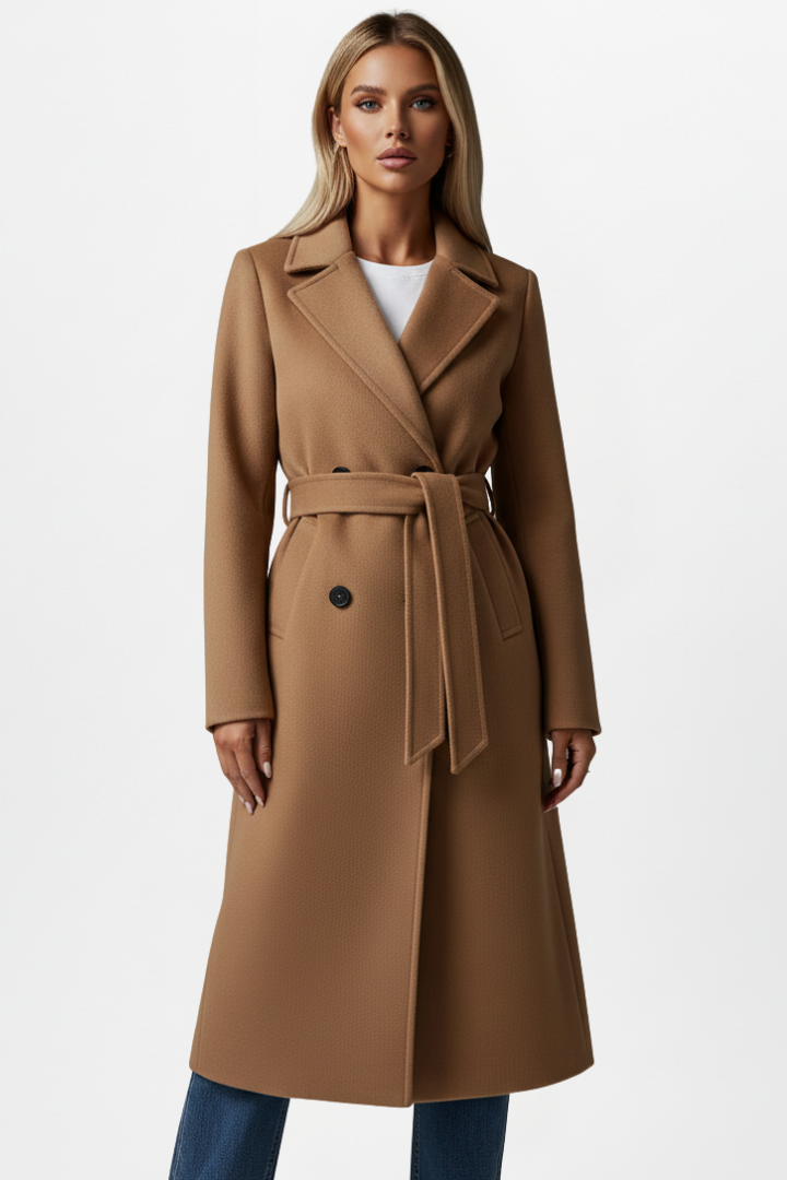 Sleek women's long coat, double-breasted with belt, tailored fit for a chic, classic fall/winter silhouette.